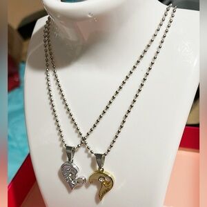 Couples set of 2 Interlocking Half Heart Necklaces
